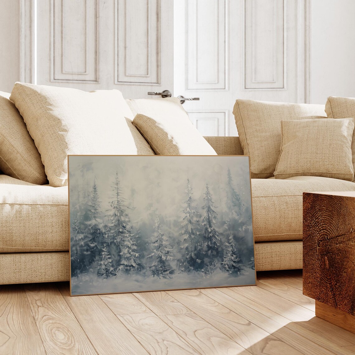 Snowy Blue Pine Forest Soft Winter Woodland Vintage Landscape Wall Art - Image 2