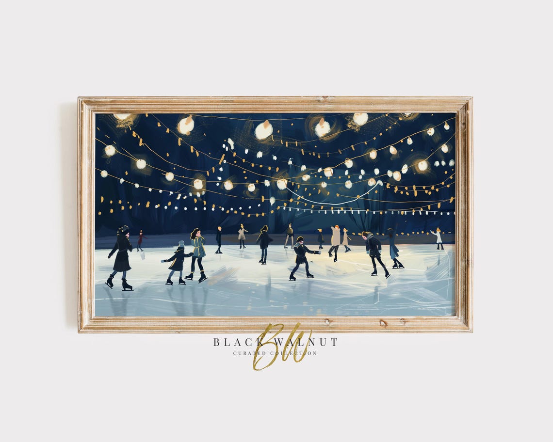 Night Ice Skaters Under Glowing String Lights Painting Winter Wall Art