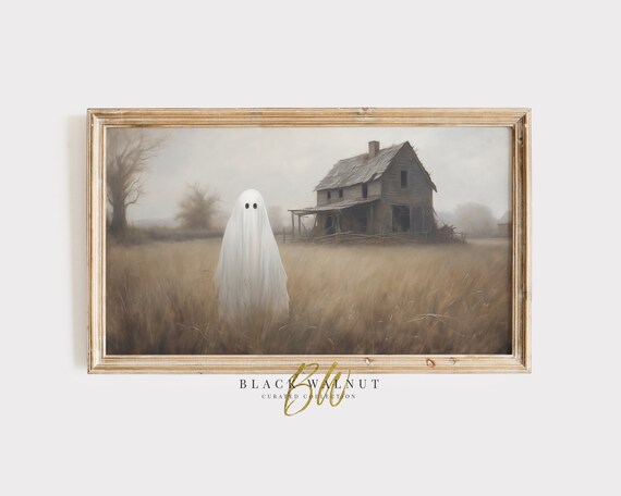 Cute Ghost Foggy Country Field Abandoned Barn Neutral Fall Art Poster