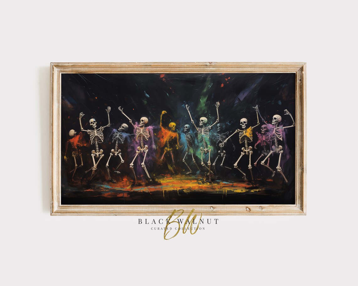 Dancing Skeleton Party Colorful Neon Skeletons On Dark Halloween Art Print