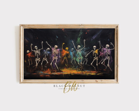 Dancing Skeleton Party Colorful Neon Skeletons On Dark Halloween Art Print