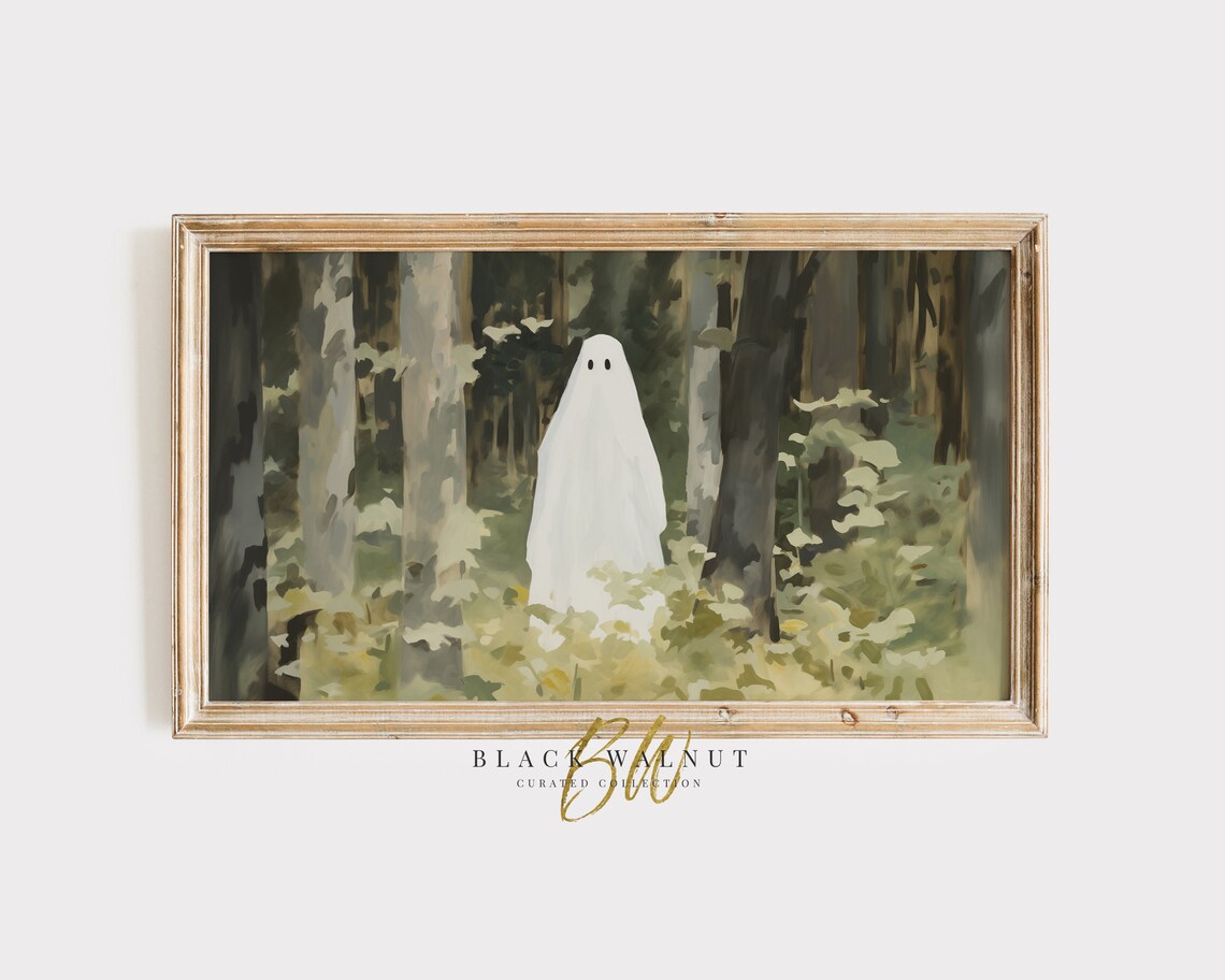Ghost in Green Forest Watercolor Woodland Fall Halloween Art Poster