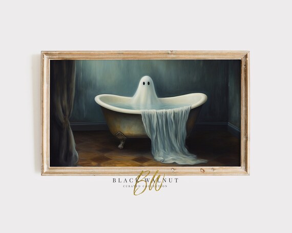 Funny Ghost Soaking in Vintage Clawfoot Bathtub Halloween Art Poster