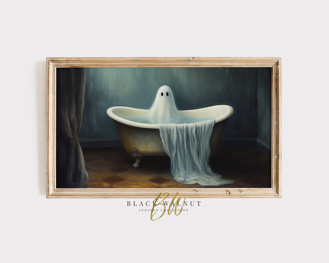Funny Ghost Soaking in Vintage Clawfoot Bathtub Halloween Art Poster