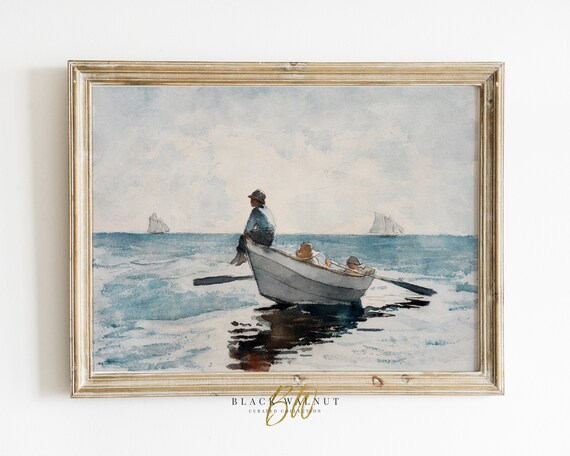 Vintage Fishermen Rowboat Sailboats Coastal Watercolor Painting Print