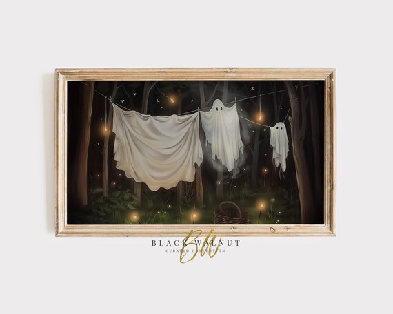 Cute Ghosts Laundry Clothesline Night Forest Halloween Party Art Poster