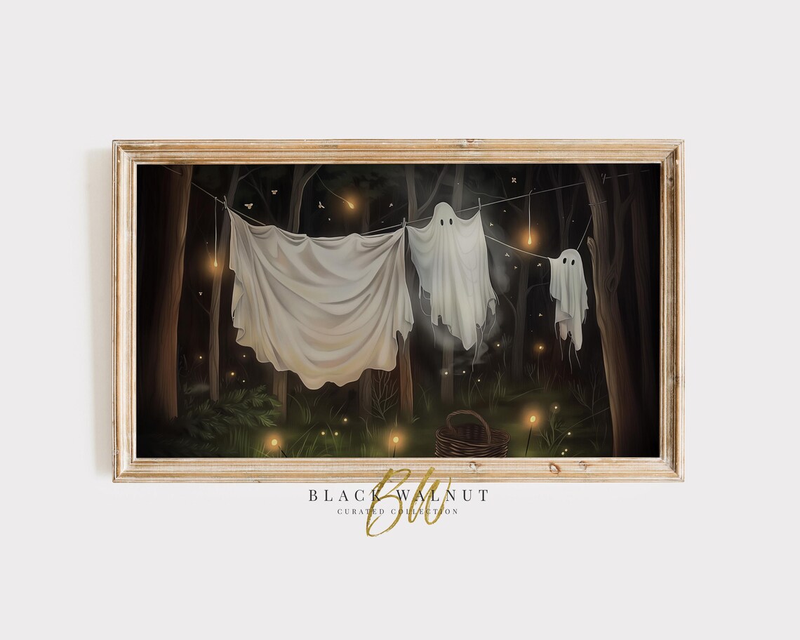 Cute Ghosts Laundry Clothesline Night Forest Halloween Party Art Poster