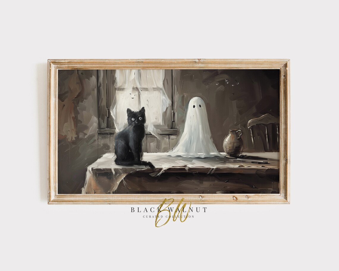 Black Cat And Cute Ghost Moody Halloween Painting Vintage Style Art Print