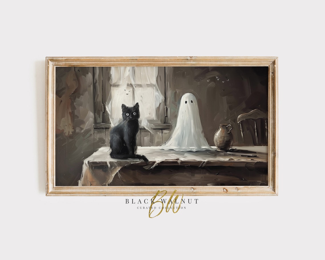 Halloween Frame Tv Art Ghost Black Cat Vintage Style Painting Cute Ghost Art Halloween Decor Cat Lover Frame Tv