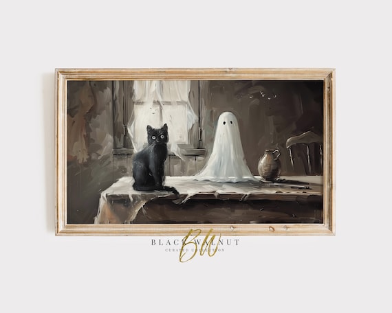 Black Cat And Cute Ghost Moody Halloween Painting Vintage Style Art Print