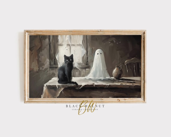 Halloween Frame Tv Art Ghost Black Cat Vintage Style Painting Cute Ghost Art Halloween Decor Cat Lover Frame Tv