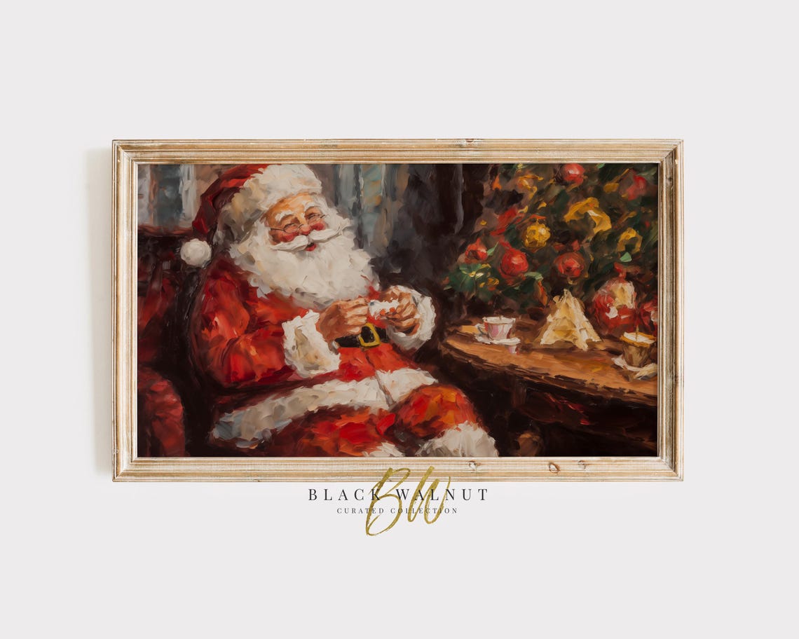 Jolly Santa Claus Eating Cookies Rustic Christmas Vintage Art Print