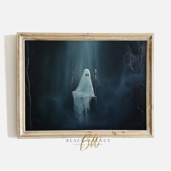 Cute Ghost on Swing Dark Moody Forest Night Halloween Vintage Wall Art Print