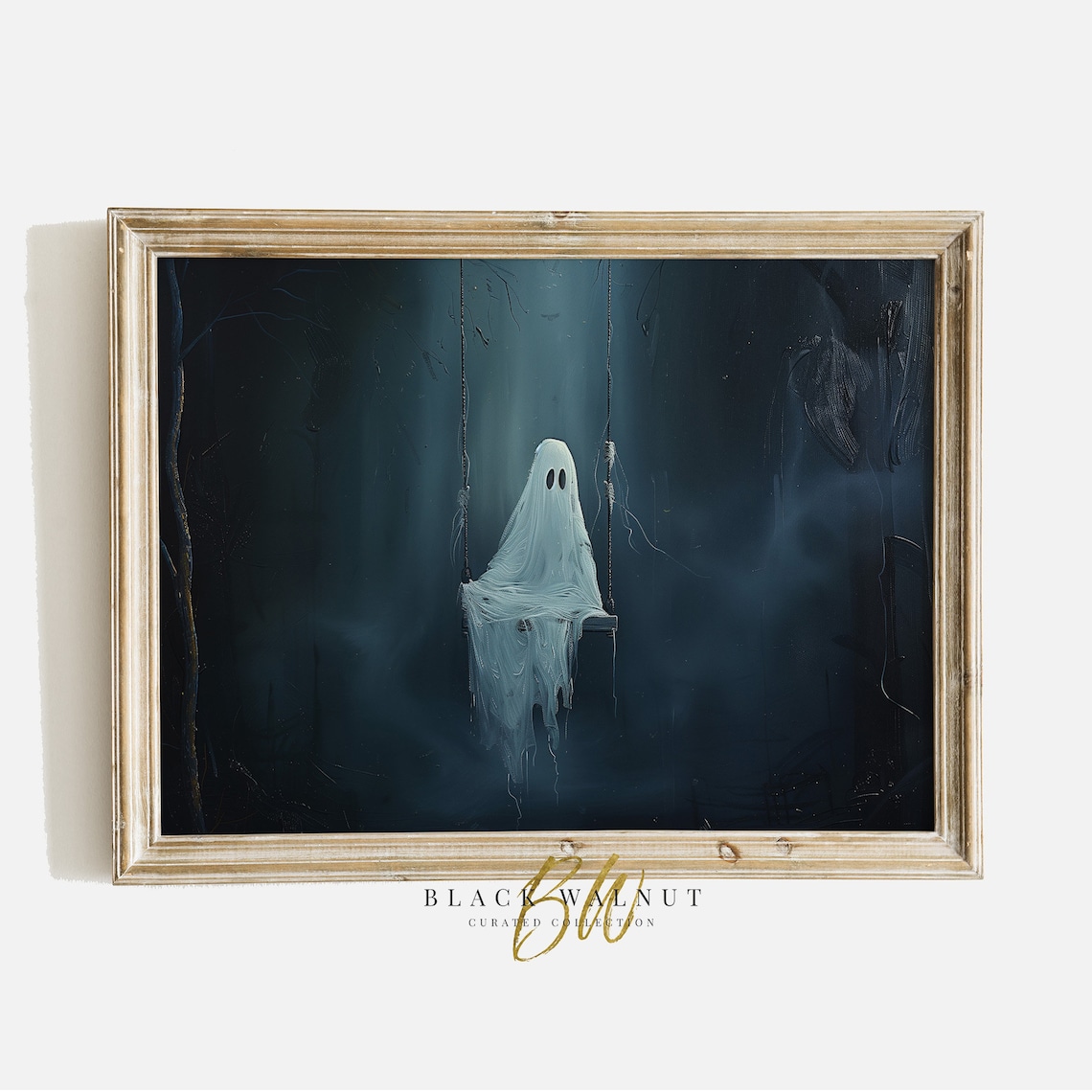 Cute Ghost on Swing Dark Moody Forest Night Halloween Vintage Wall Art Print