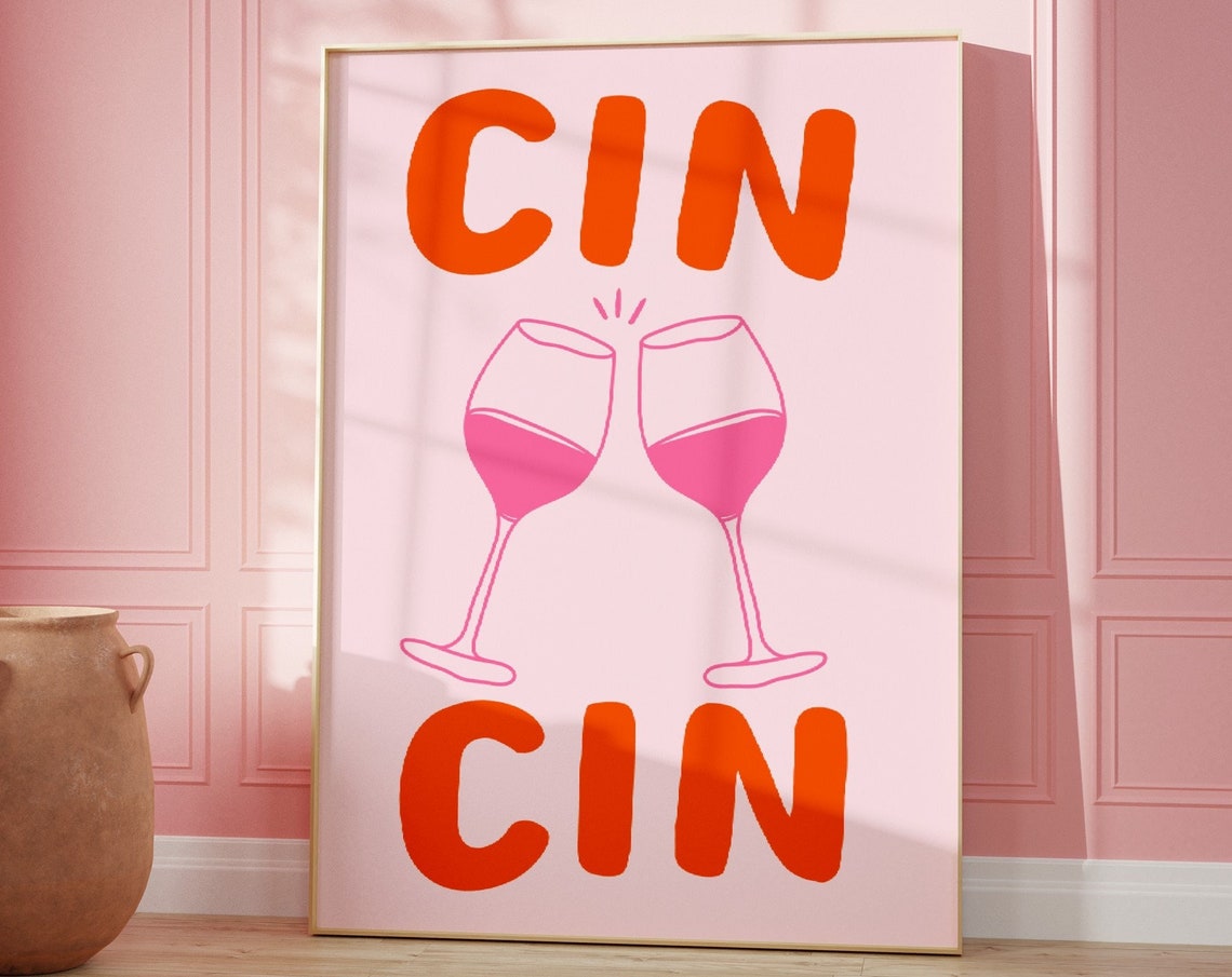 Cin Cin Orange Bubble Type Pink Wine Glasses Cheers Art Poster - Image 2