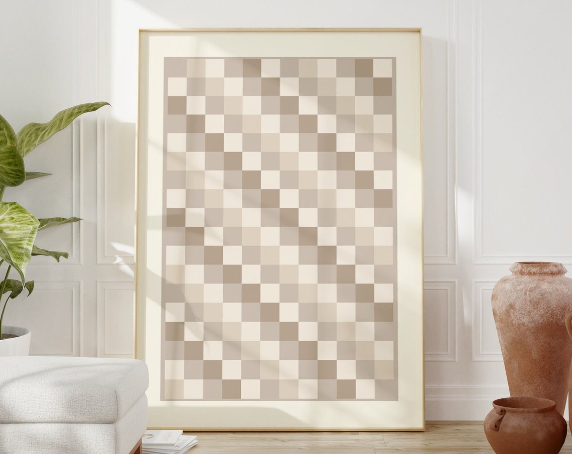 Neutral Taupe Mosaic Checkerboard Geometric Modern Art Poster - Image 3