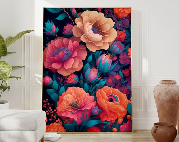 Boho Flowers Print Floral Wall Art Trendy Art Print Retro Aesthetic Poster Vintage Room Decor Moody Flower Dorm Decor Boho Hippie Style