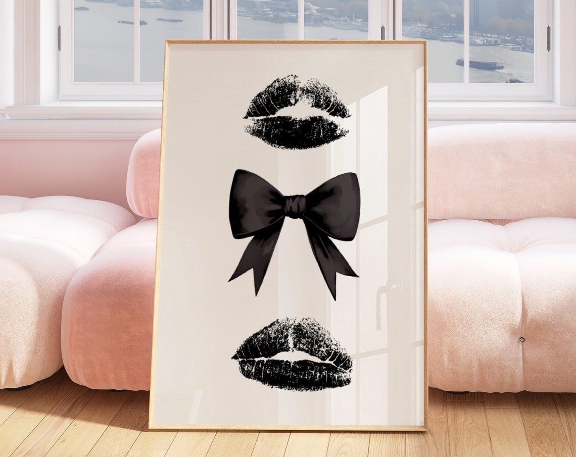 Black Lipstick Kiss Marks With Big Bow Coquette Decor Poster