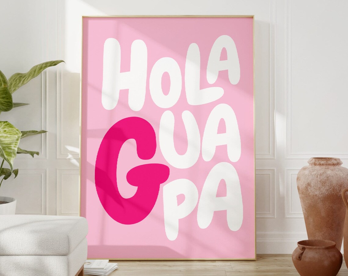 Hola Guapa Pink Bubble Letter Typography Spanish Quote Poster - Image 3