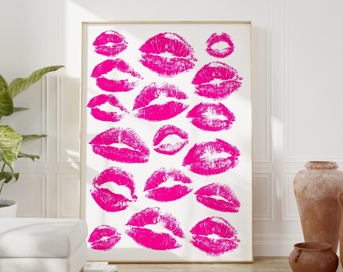 Hot Pink Lipstick Kiss Marks Fun Preppy Dorm Wall Decor Poster