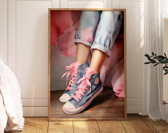 Pink Sneaker Print Denim Blue Wall Art Denim Prints Western Cowgirl Print Vintage Cowgirl Art Retro Poster Gift For Teens