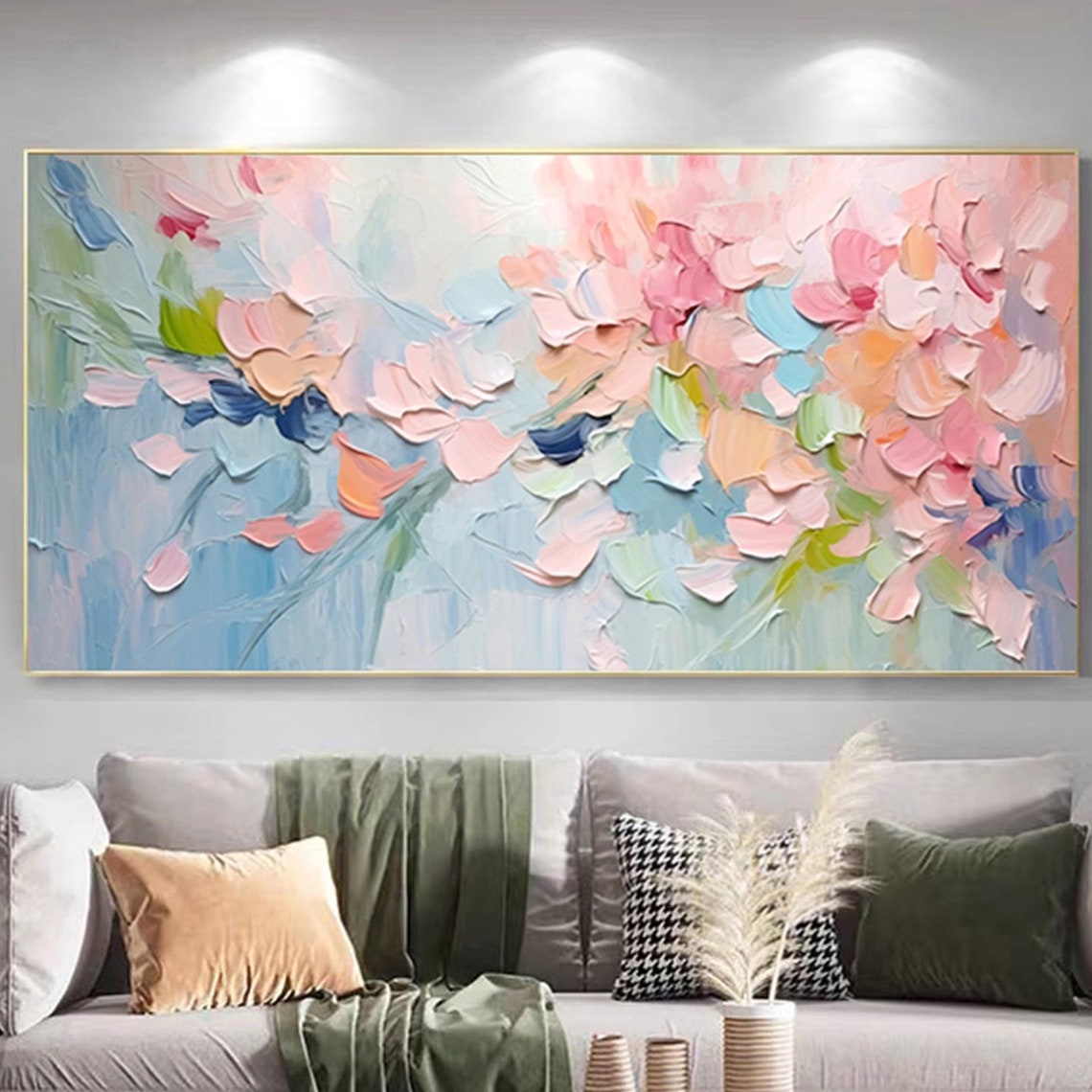 Blush Pink Teal Navy Abstract Florals Panoramic Gallery Wall Art