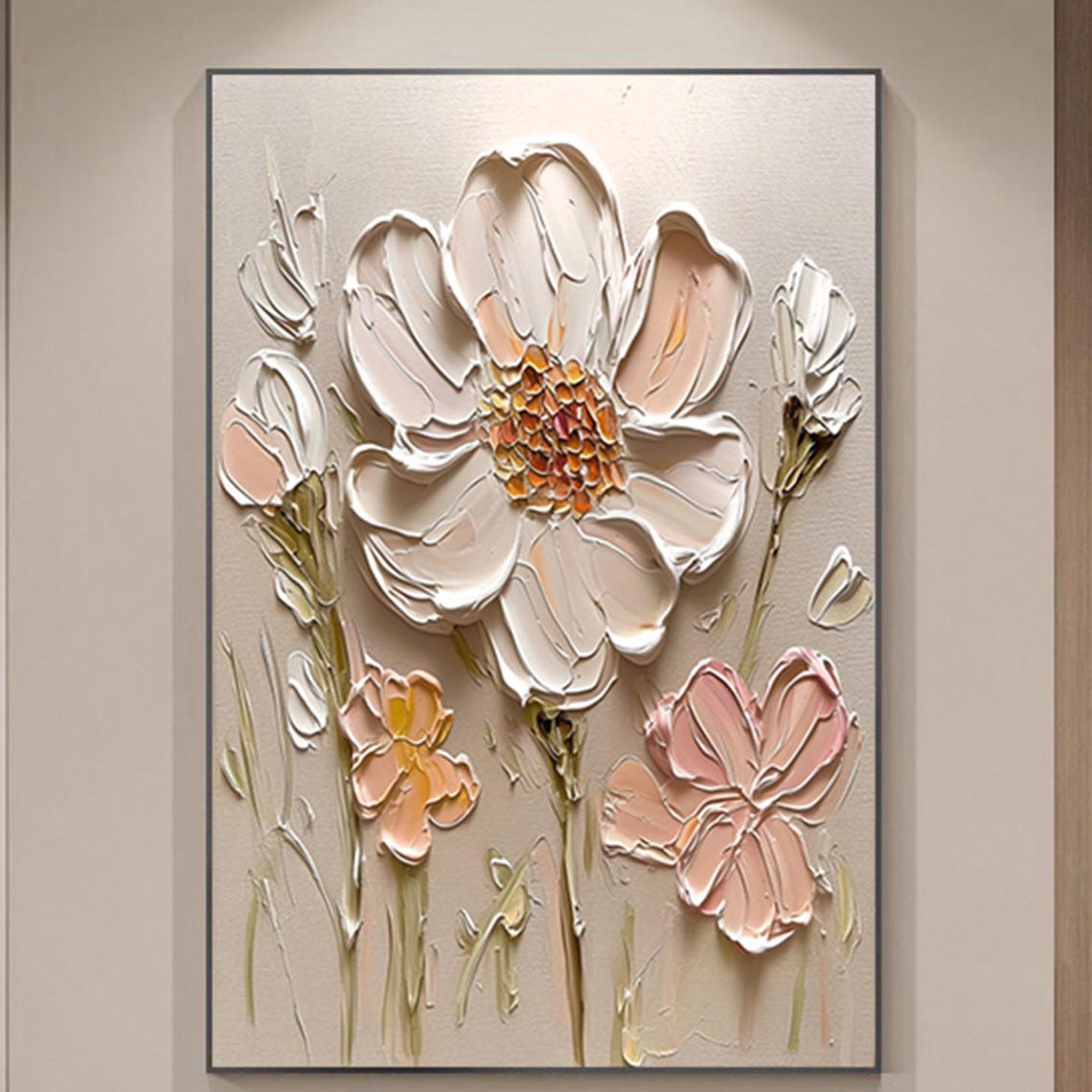 Delicate Pink White Cosmos Blossom 3D Textured Floral Painting Poster