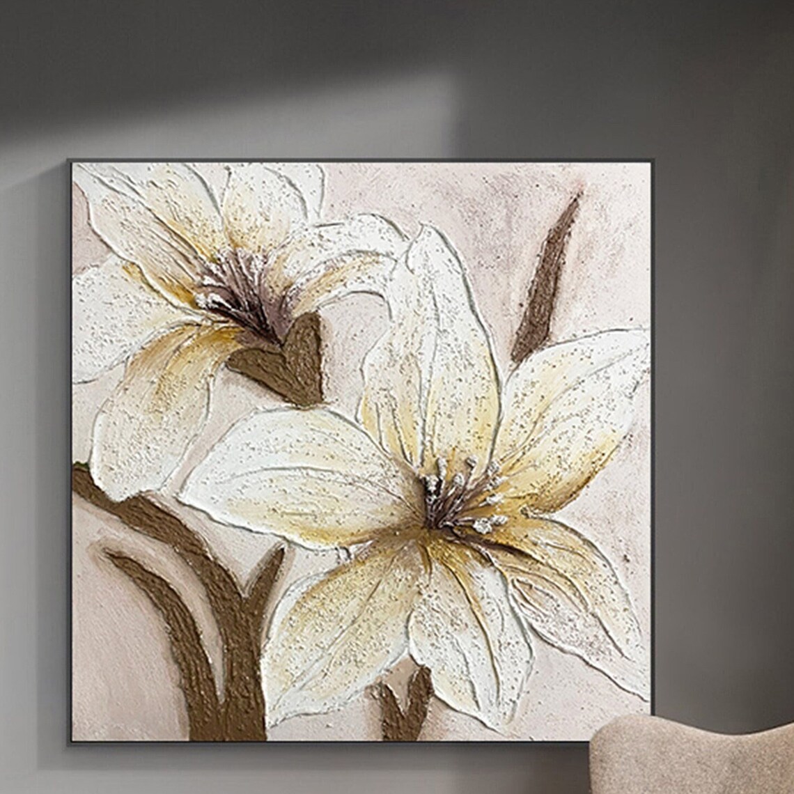 White Lilies 3D Textured Impasto Floral Painting Beige Canvas Poster