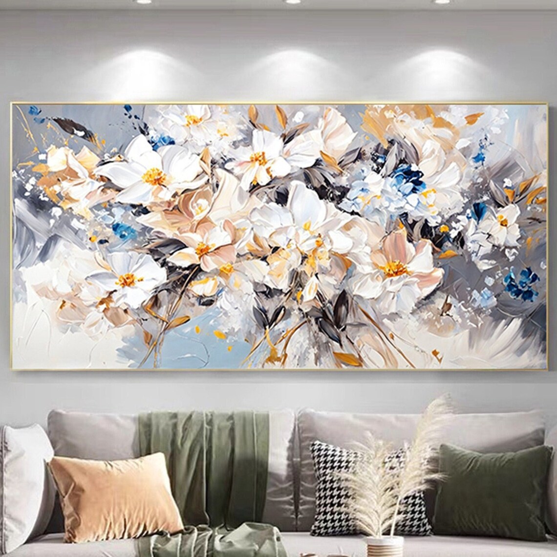 Cream White Wildflowers Blue Gold Accents Panoramic Floral Wall Art