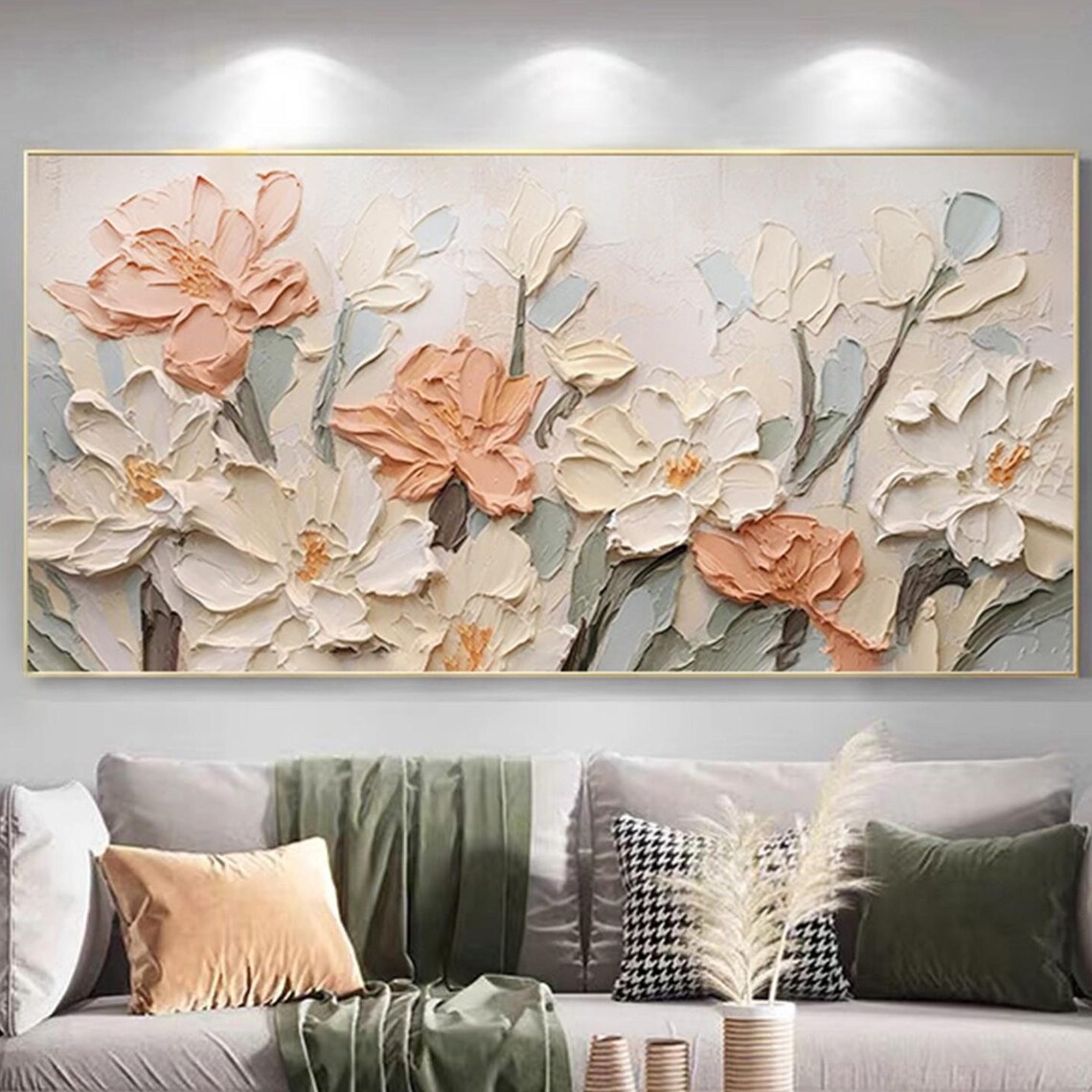 Neutral Cream Peach Large Bloom 3D Textured Floral Painting Poster