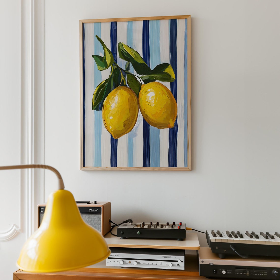 Two Ripe Yellow Lemons On A Branch Over Blue Striped Canvas Poster - Image 5