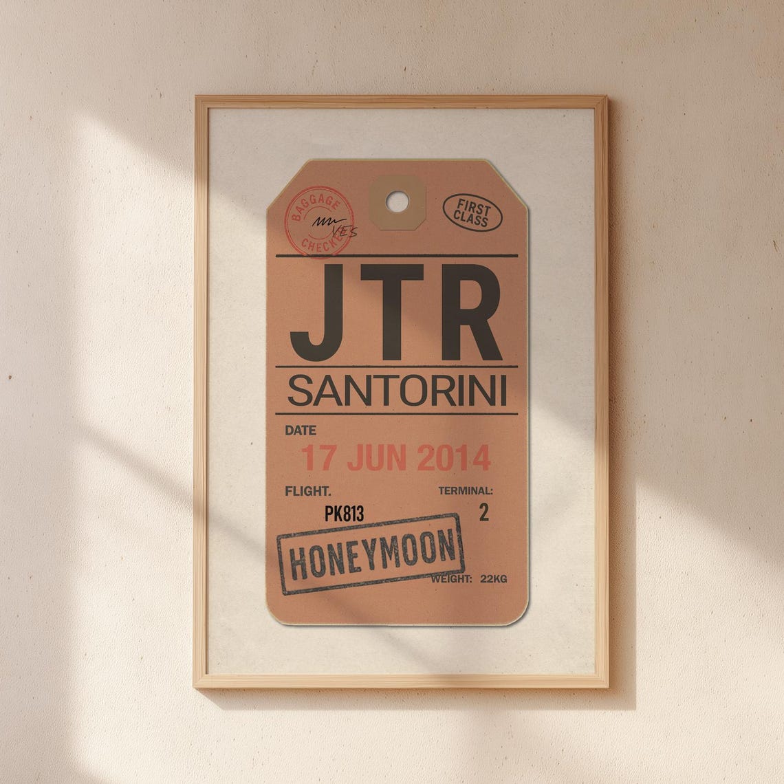 Santorini Honeymoon Vintage Baggage Tag Poster JTR Airport Code Art
