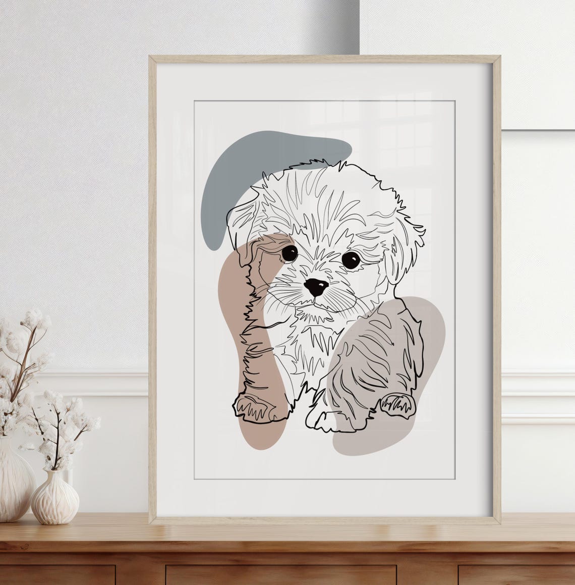 Fluffy Puppy Line Drawing Gray Taupe Custom Pet Portrait Poster