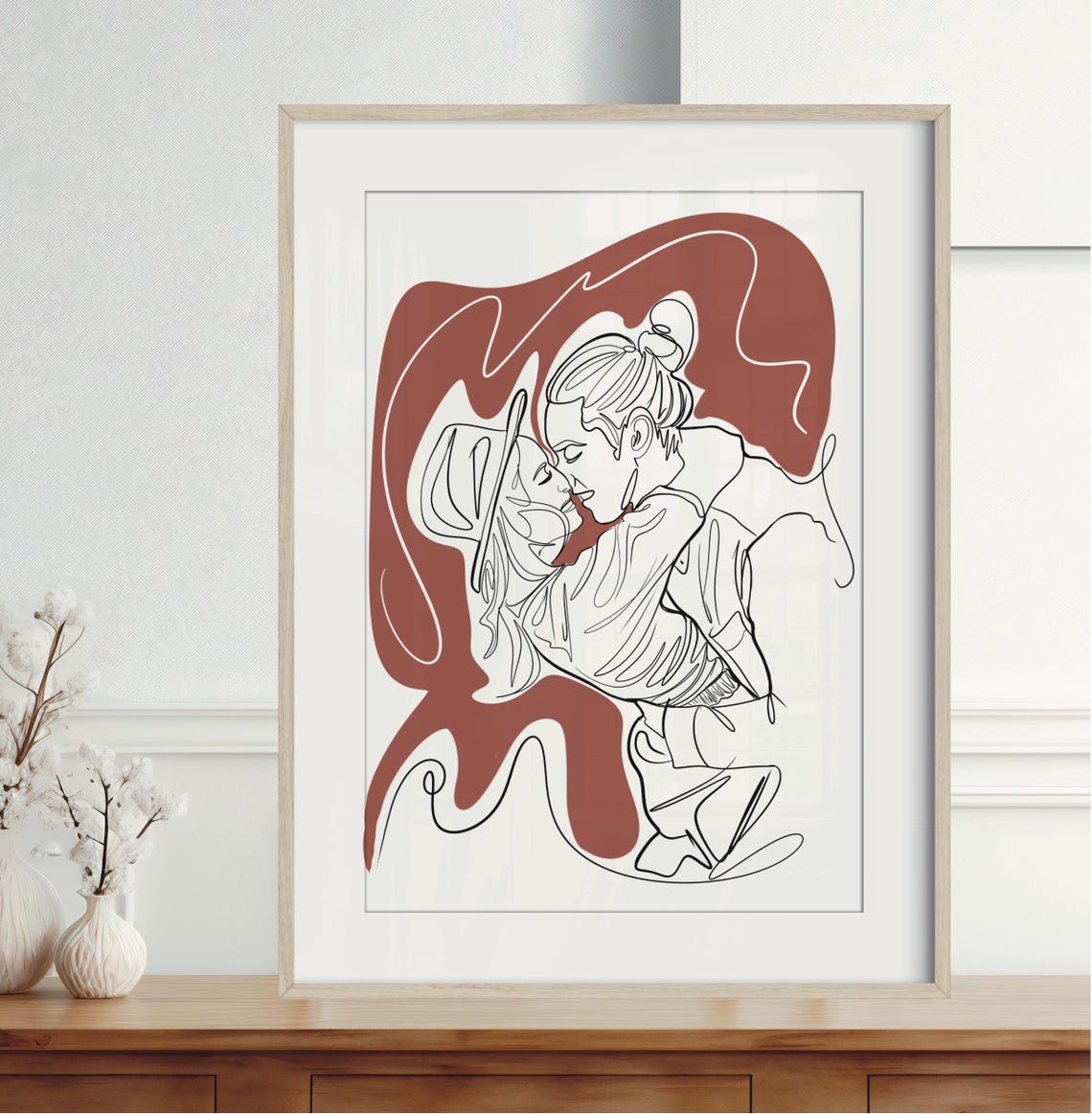 Embracing Couple Terracotta Abstract Custom Line Drawing Poster