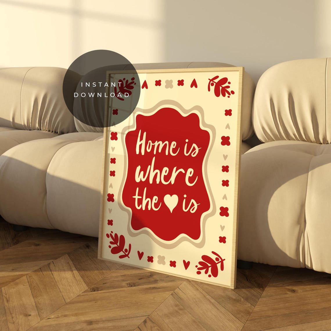 Home Is Where The Heart Is Red Hand Drawn Quote Folk Wall Art