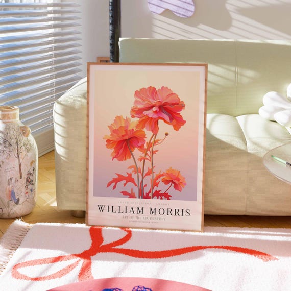 William Morris Poster Pink Orange Flowers Print Gradient Flower Exhibition Botanical Prints Aura Floral Artwork