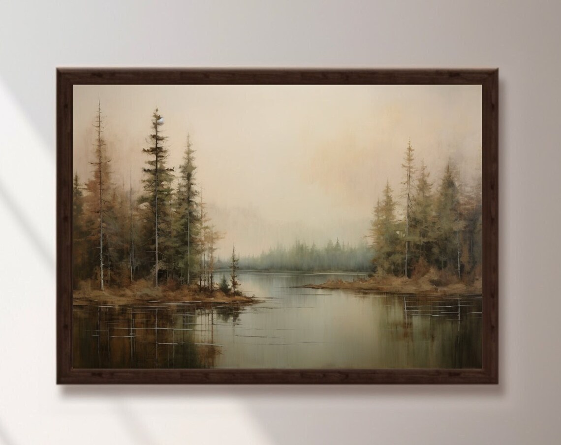 Misty Lake Art Print, Rustic Forest Landscape