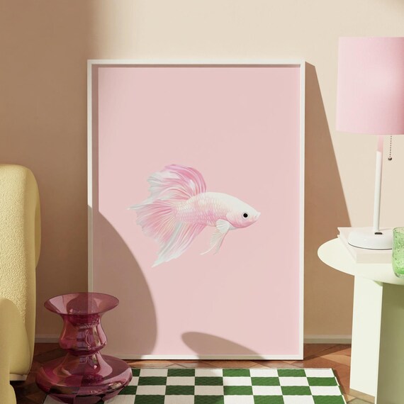 Animal Prints Cute Pastel Fish Poster Baby Pink Preppy Prints Gen Z Wall Art Betta Fish Dorm Decor Colorful Fish Coquette Room Art