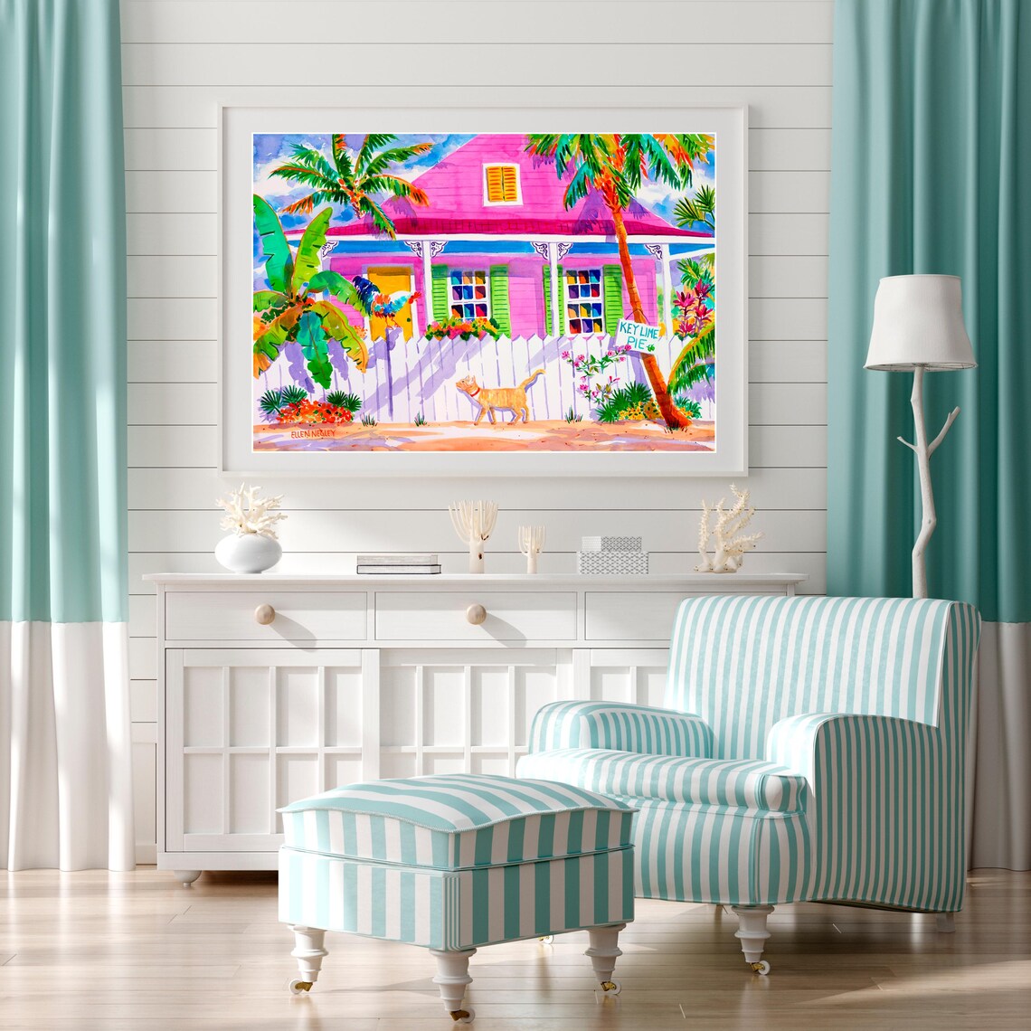 Key West Tabby Cat & Rooster Watercolor Art Print