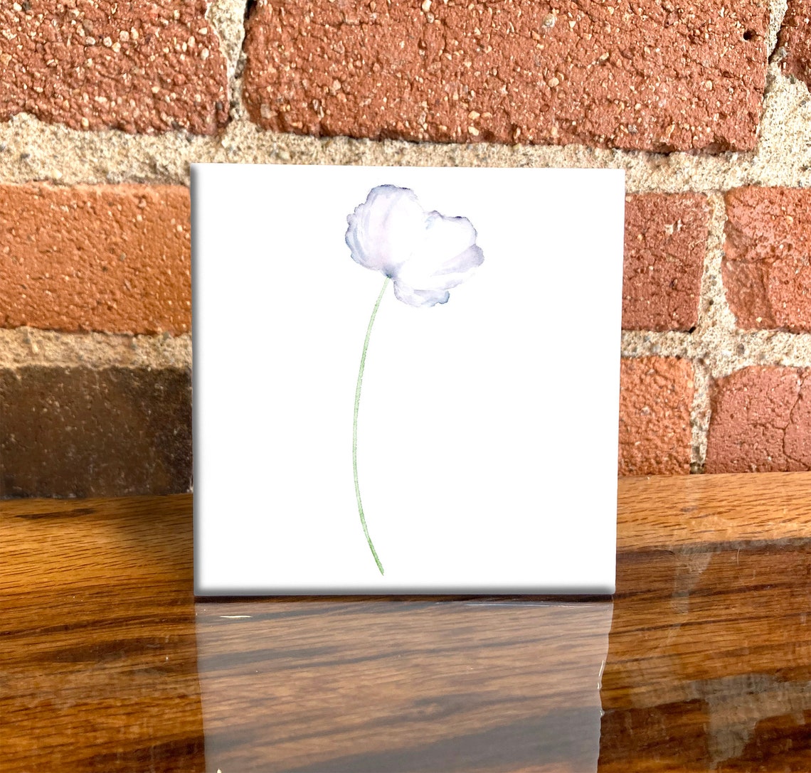Minimal White Poppy Stem Watercolor Floral Ceramic Decor Poster