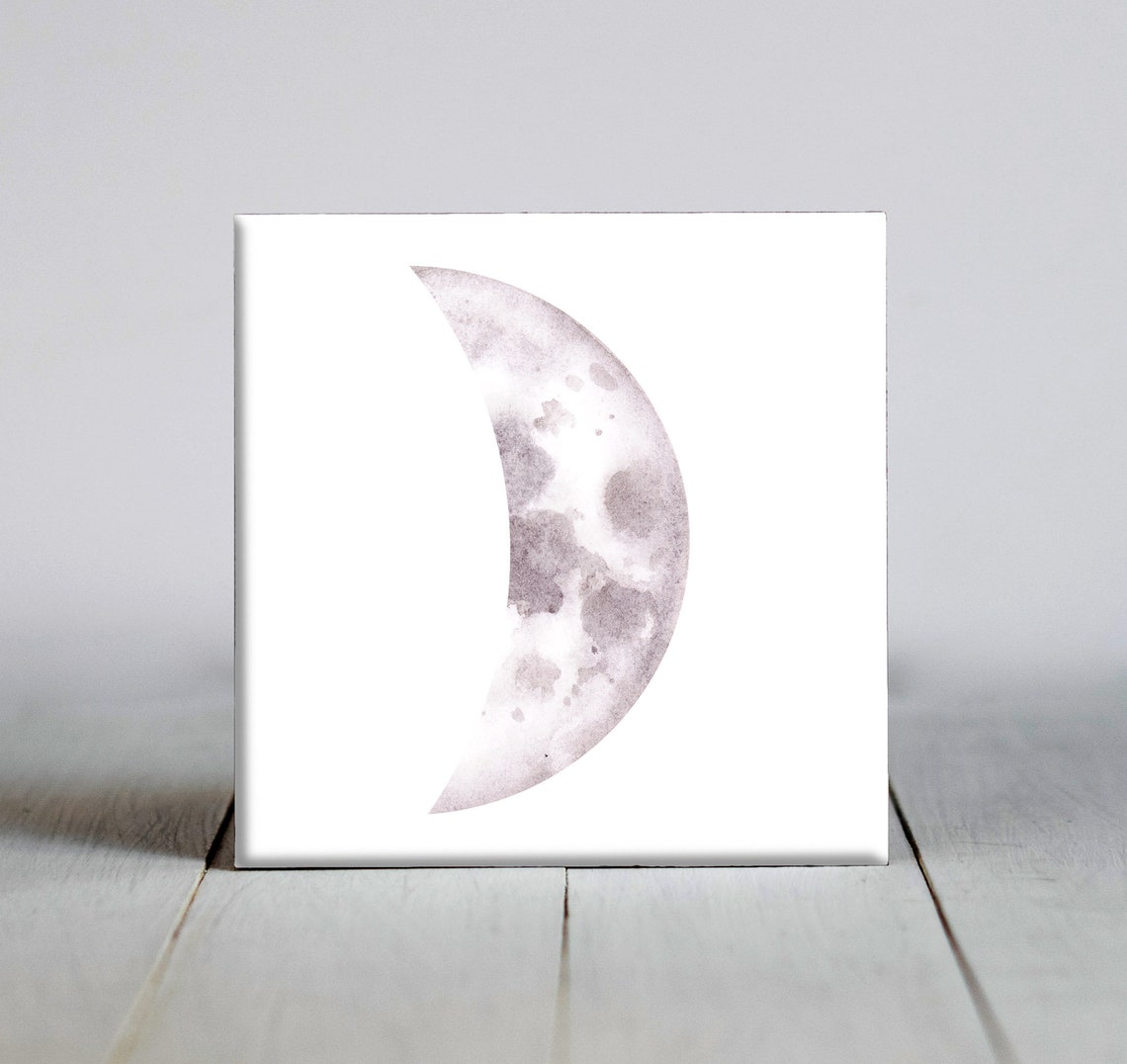 Right-Facing Crescent Moon Watercolor Celestial Ceramic Tile Wall Art
