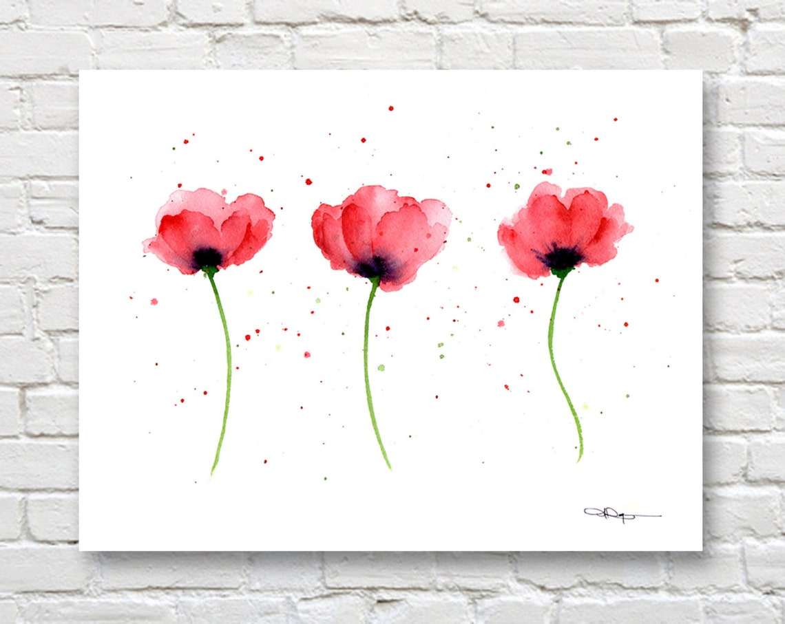 Three Red Poppies with Paint Splash Watercolor Flower Poster