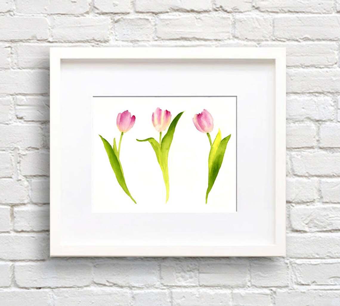 Trio of Pink Tulips Watercolor Spring Floral Art Decor Poster