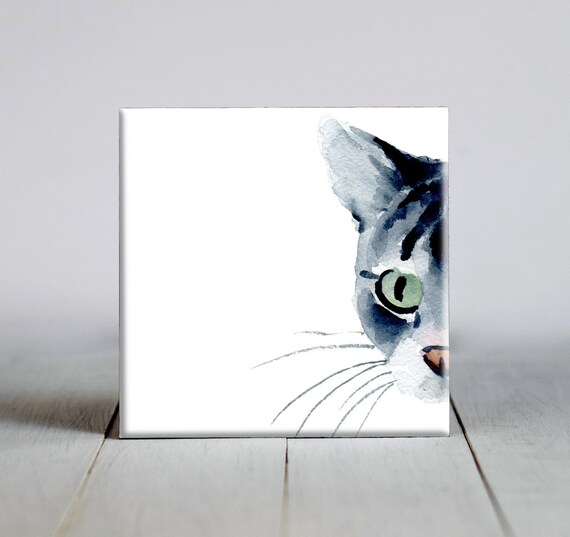Peeking Grey Tabby Cat Face Watercolor Ceramic Tile Decor Poster
