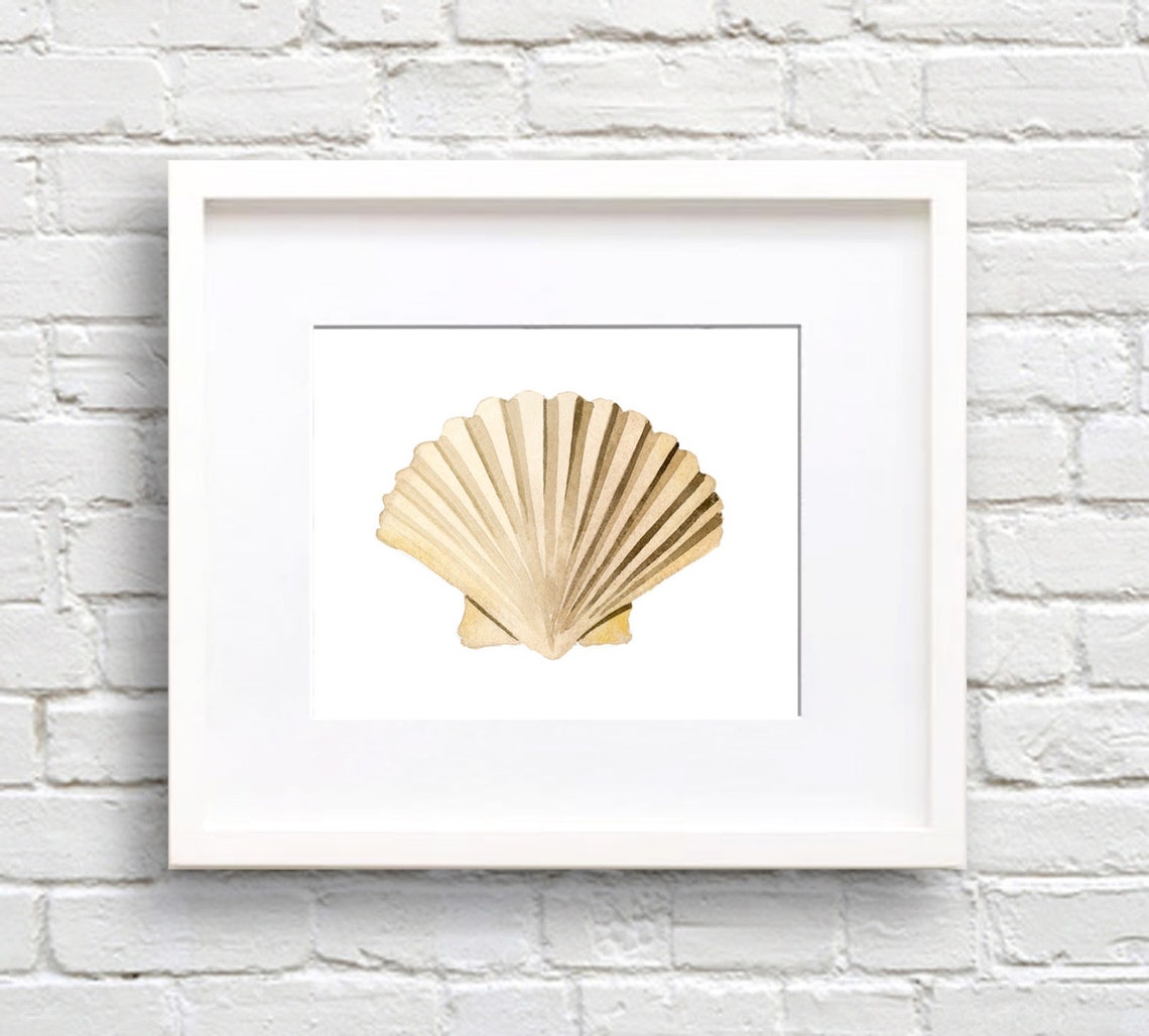 Cream Scallop Shell Watercolor Coastal Beach Bathroom Poster
