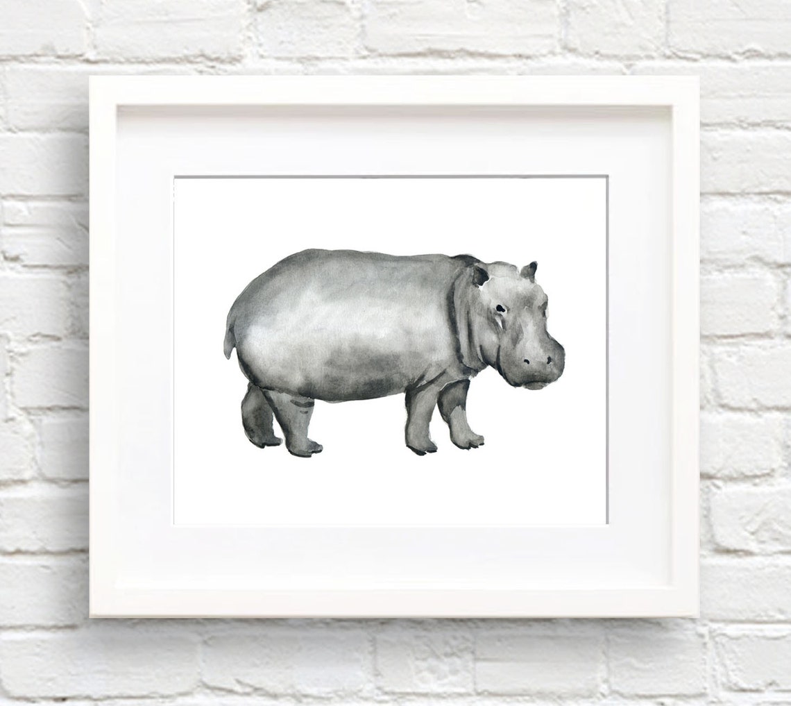 Grey Hippopotamus Watercolor Safari Wildlife Nursery Decor Poster
