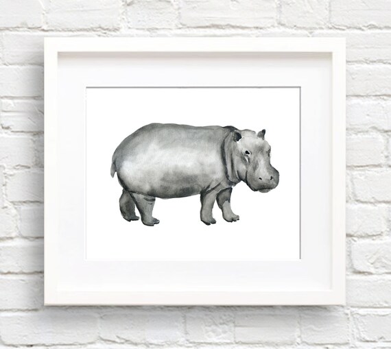 Grey Hippopotamus Watercolor Safari Wildlife Nursery Decor Poster