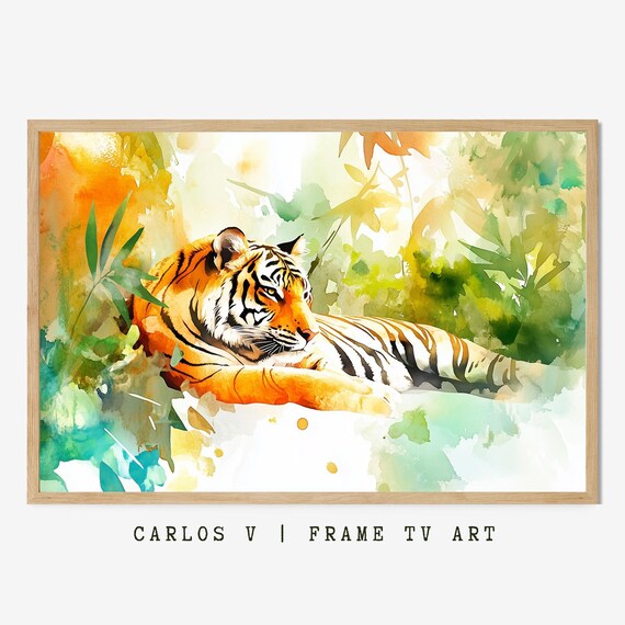 Resting Tiger Sunlit Jungle Leaves Peaceful Watercolor Poster