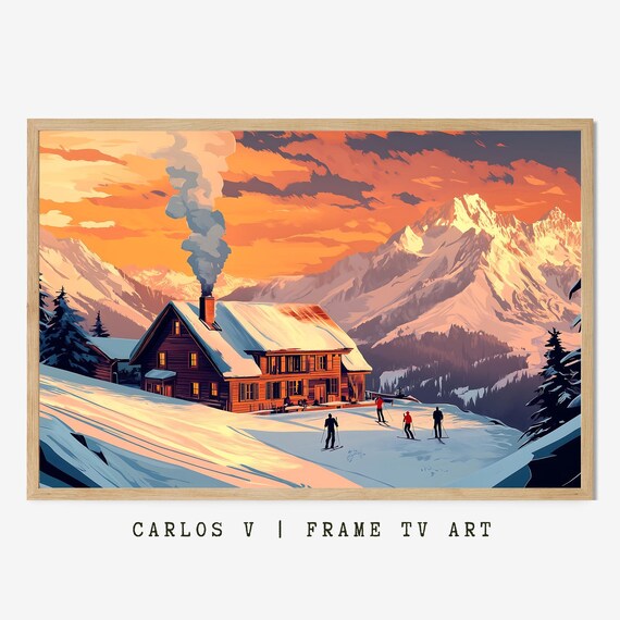 Alpine Chalet At Dusk With Smoking Chimney Skiers Sunset Poster
