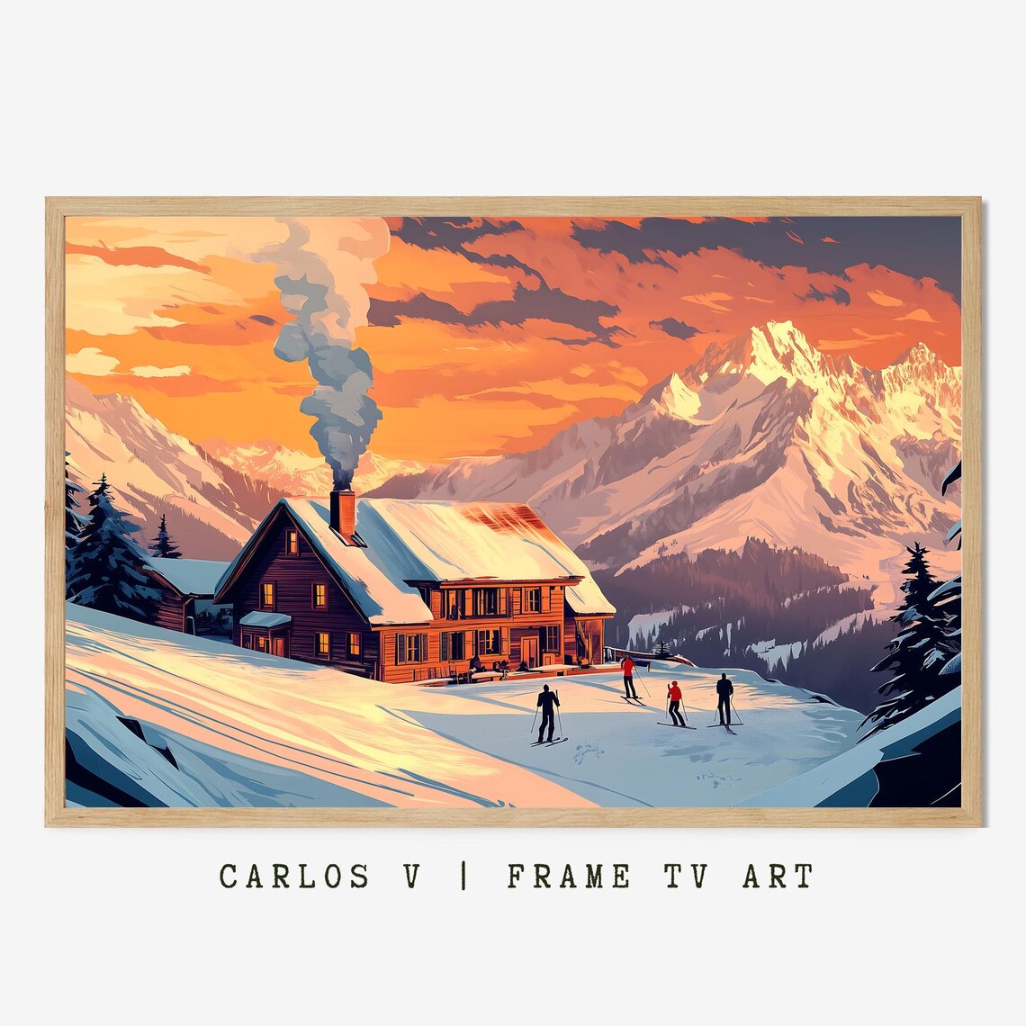 Alpine Chalet At Dusk With Smoking Chimney Skiers Sunset Poster